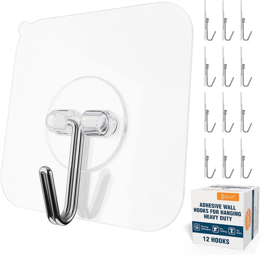 GLUIT Adhesive Wall Hooks for Hanging Heavy Duty 22 lbs Hooks for Walls No Damage, Towel Sticky Clear Hook, Waterproof, Home, Bathroom, Kitchen, Office, and Outdoor 12 Pack