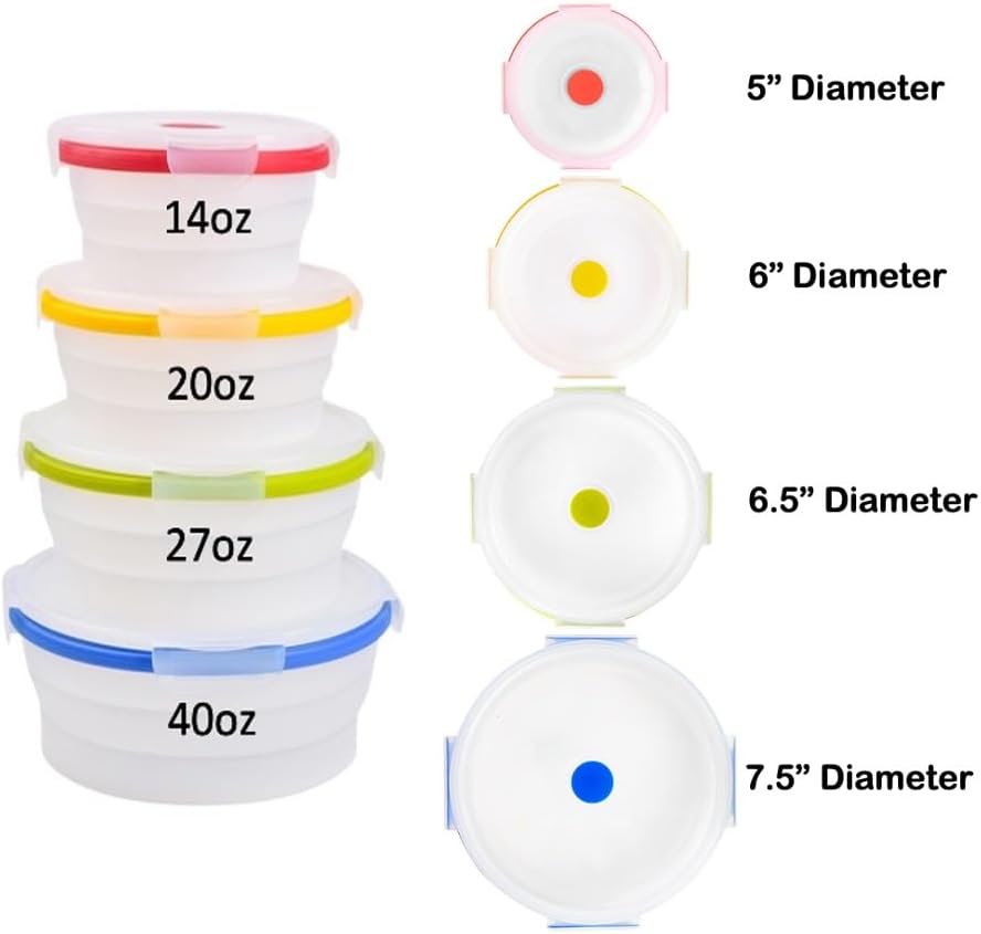 Collapsible Silicone Food Storage Containers, BPA Free, Microwave, Freezer and Dishwasher Safe, Lunch, Meal Prep, Travel, Space-Saving