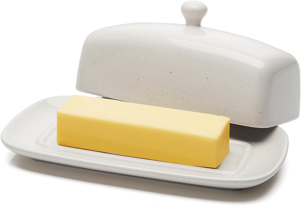 Sweese Butter Dish with Lid, Porcelain Butter Keeper, 7.8 Inch Butter Holder with Handle Cover, Butter Container Perfect for East West Coast Butter, Light Gray