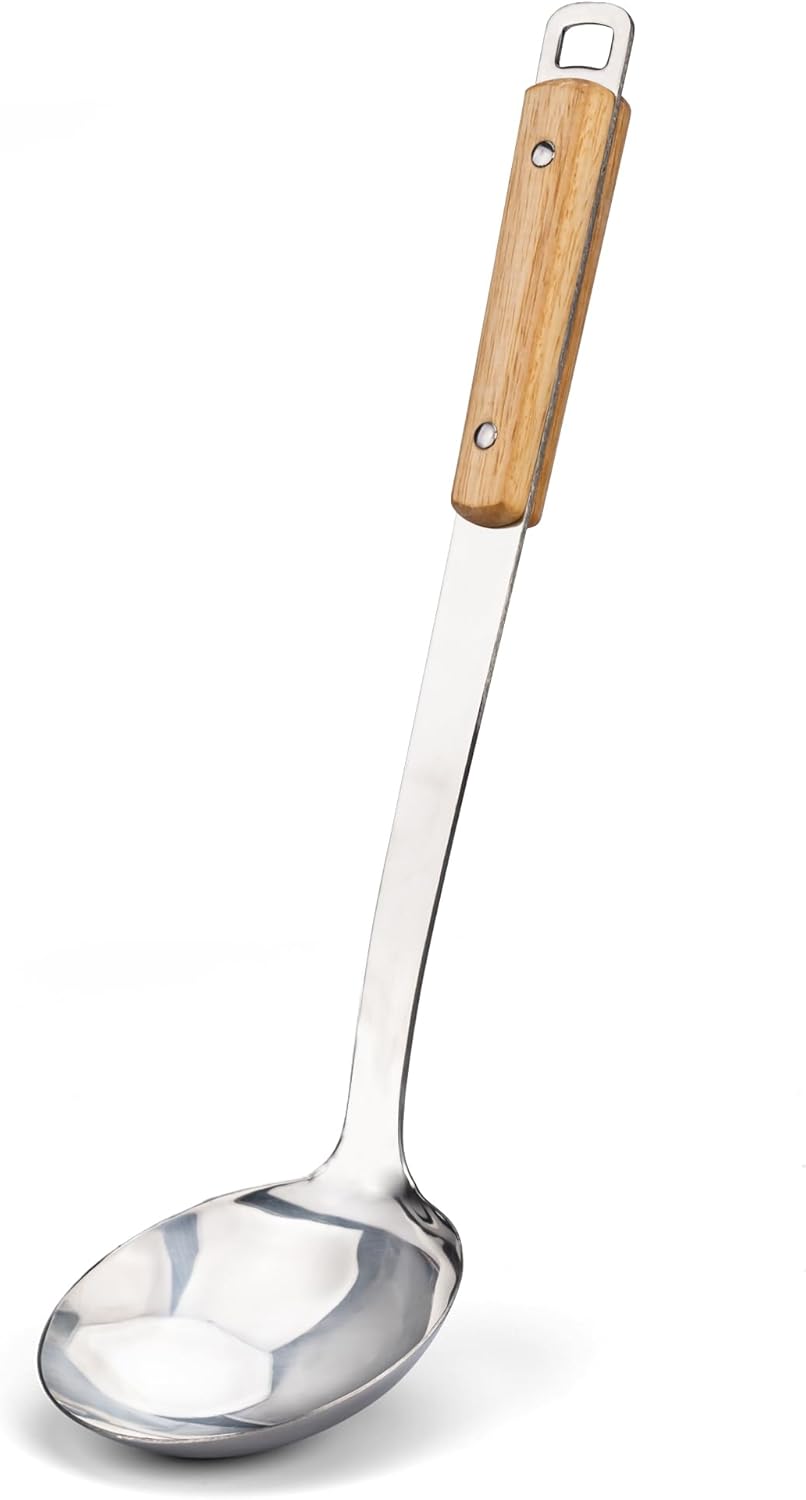 FJNATINH Stainless Steel Soup Ladle, Large Metal Ladel Spoon for Serving, Cooking, Wok, Soup, Heat-proof Wooden Handle, Heavy Duty Wok Tool 13.7 Inches