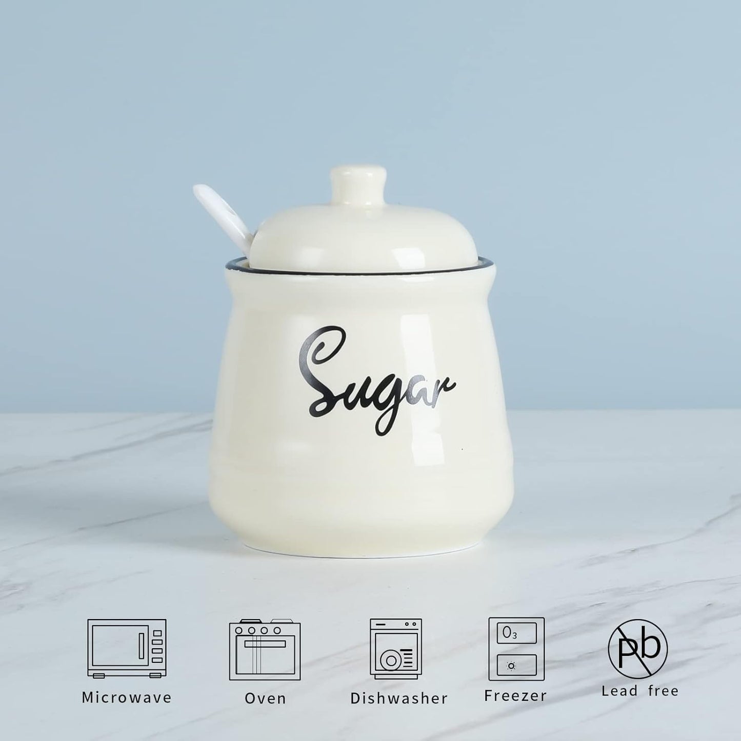 HAOTOP Farmhouse Porcelain Sugar Bowl with Lid and Spoon 12oz,Easy to Clean (Beige)