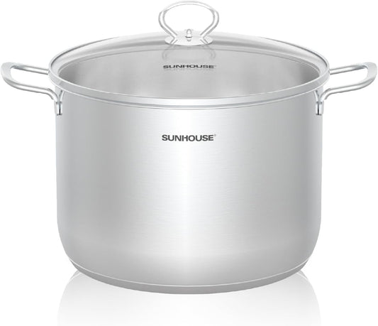 SUNHOUSE Stainless Steel Stock Pot – 12.6 Quart Heavy-Duty Induction Cooking Pot with Glass Lid for Pasta, Soup, Spaghetti – Thick-Bottom Large Stockpot for Boiling, Simmering, Canning