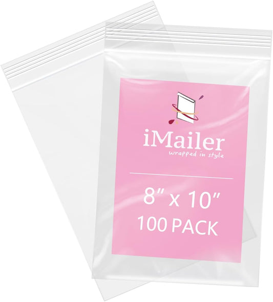 iMailer - 100 Pcs- 8" x 10" Plastic Zip Poly Bags- Clear Resealable Zip Bag for Art Prints, Brochure, Photoes, Handicraft Gift