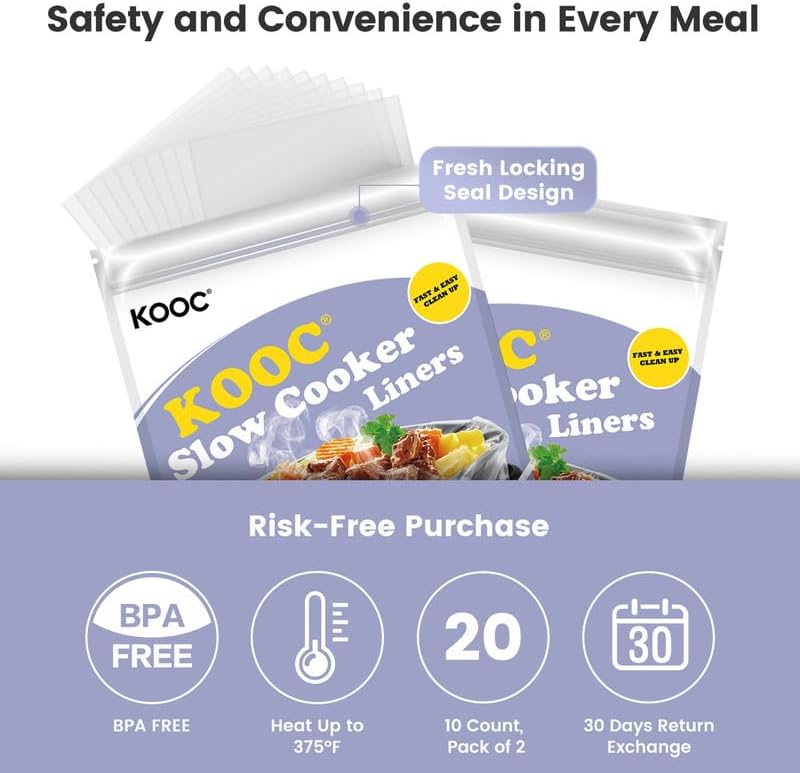 KOOC Slow Cooker Liners 8"x11" 20 Count Mini Size Disposable Pot Liners Cooking Bags Fit 0.65 qt to 1.25 qt Pot BPA Free Fresh Locking Seal Design