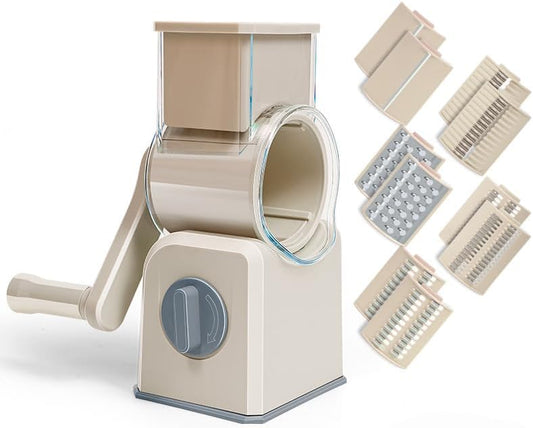 Manual Vegetable Slicer - Patented Drum Cutter w/Interchangeable Blades, Safe & Fast Hand Crank Operation - for Carrots, Cucumbers, Onions, Fruits (Upgraded Stainless Steel Blades) (Beige, 5 Blades)