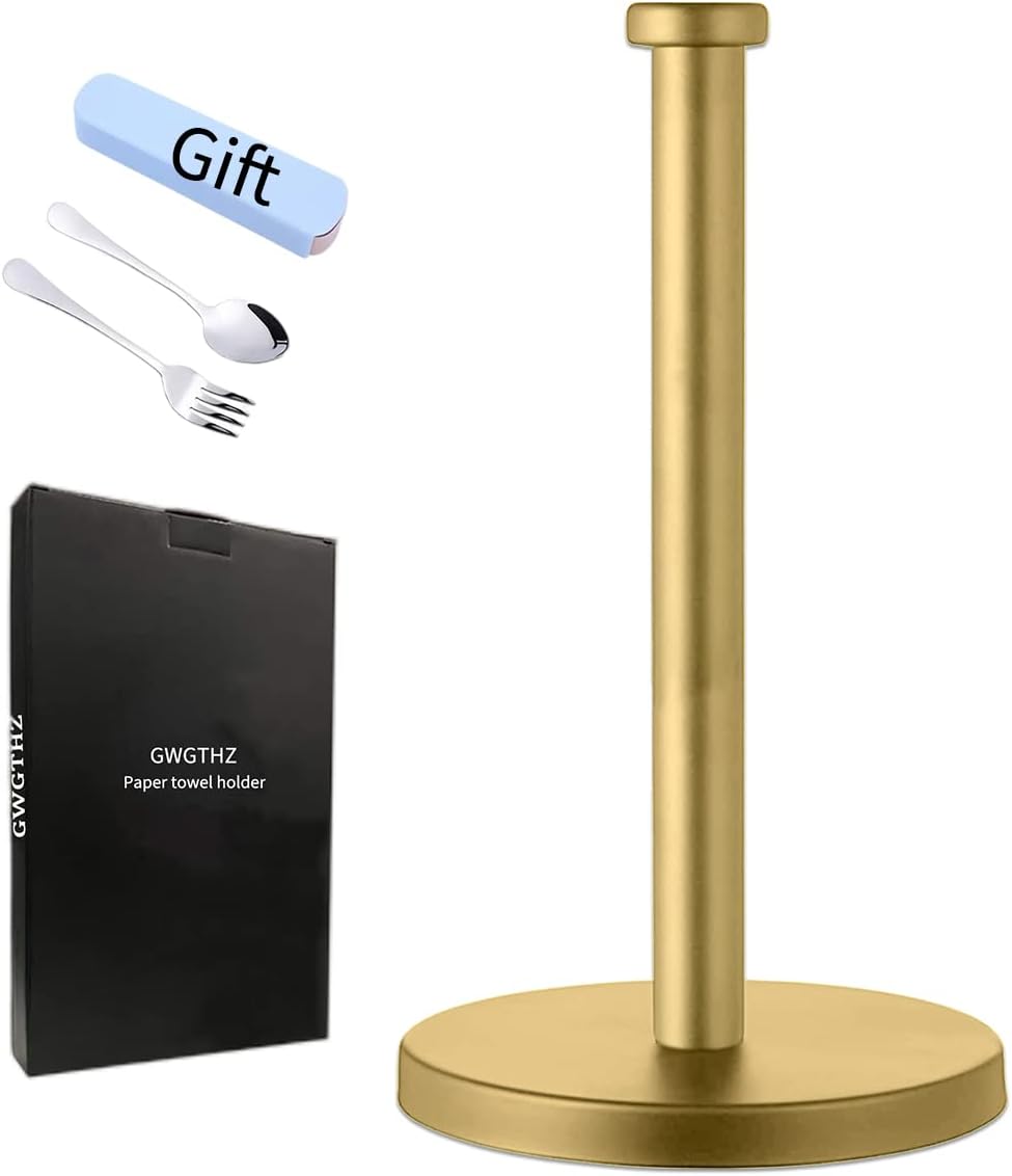 Stainless Steel Gold Paper Towel Holder Countertop for Kitchen Bathroom, Standing Paper Towel Holder with Weighted Base.