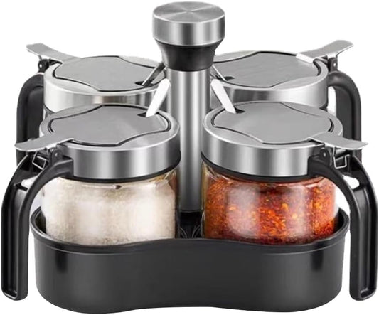 TINMIX Revolving Condiment Pots Sugar Bowl Salt & Pepper Cellar with Lid and Spoon, Set of 4 Seasoning Box Spice Jar with 360 Rotating Holder Tray for Kitchen, 4 Pots