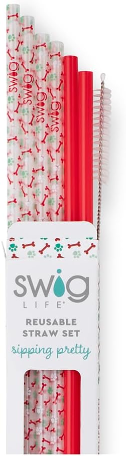 Swig Life Reusable Straws Happy Howlidays + Red Tall Straw Set & Cleaning Brush, Each Straw is 10.25 inch Long (Fits Swig Life 20oz Tumblers, 22oz, and 32oz Tumblers)