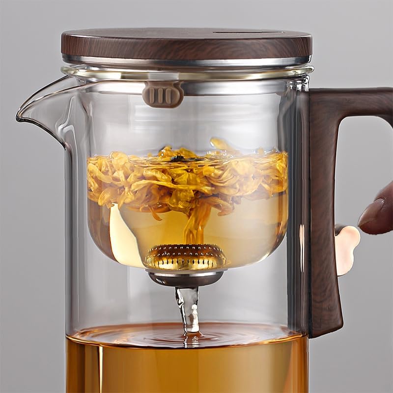 Enchanti Magic Tea Pot, 720ML Water Separation Glass Teapot with Wooden Handle, Press Control Enchanti Tea Infuser with Strainer for Loose Tea Witchcraft Tea Kettle