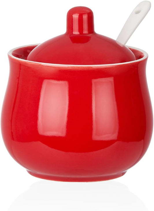 Ceramic Sugar Bowl with Lid and Spoon, Red Porcelain Sugar Salt Pepper Storage Jar, 8 Ounces