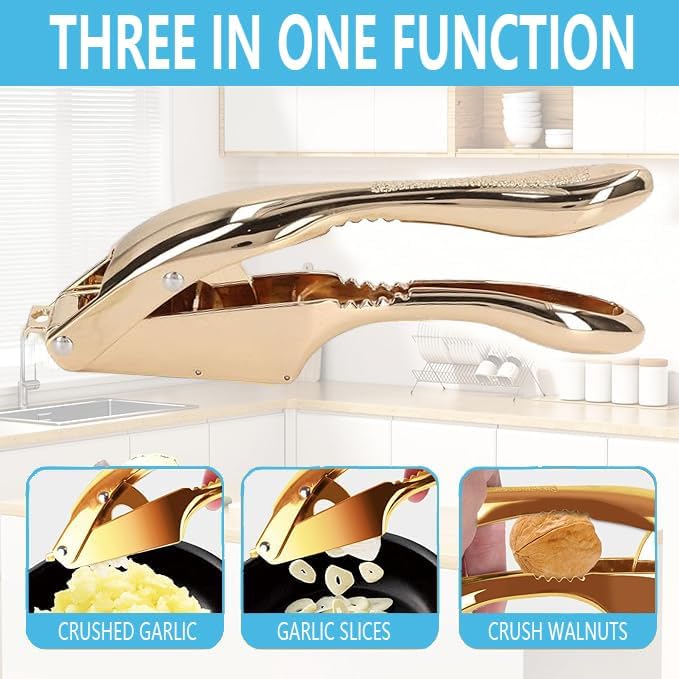 Garlic Press and Slicer 2 in 1, Rust Proof & Dishwasher Safe Professional Garlic Mincer Tool, Effortlessly Crush and Mince Garlic with this Ergonomic Handle-Garlic Peeler & Brush ANCQMI(Gold)