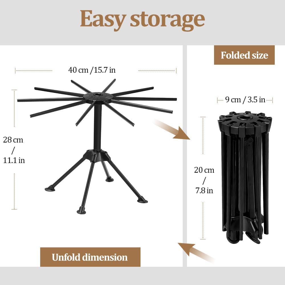 Ourokhome Collapsible Pasta Drying Rack, Plastic Foldable Homemade Fresh Spaghetti Stand Dryer Noodle Hanger for Kitchen with 10 Arms, Stable, Easy Storage, Quickly Set Up (Black)