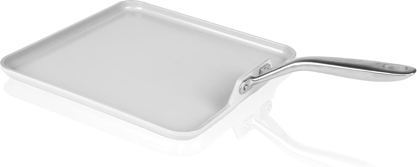 TECHEF - CeraTerra Ceramic Nonstick Square Griddle Pan (PTFE and PFOA Free Ceramic Exterior & Interior), Oven & Dishwasher Safe, Made in Korea, Grey/Silver (Griddle Pan)