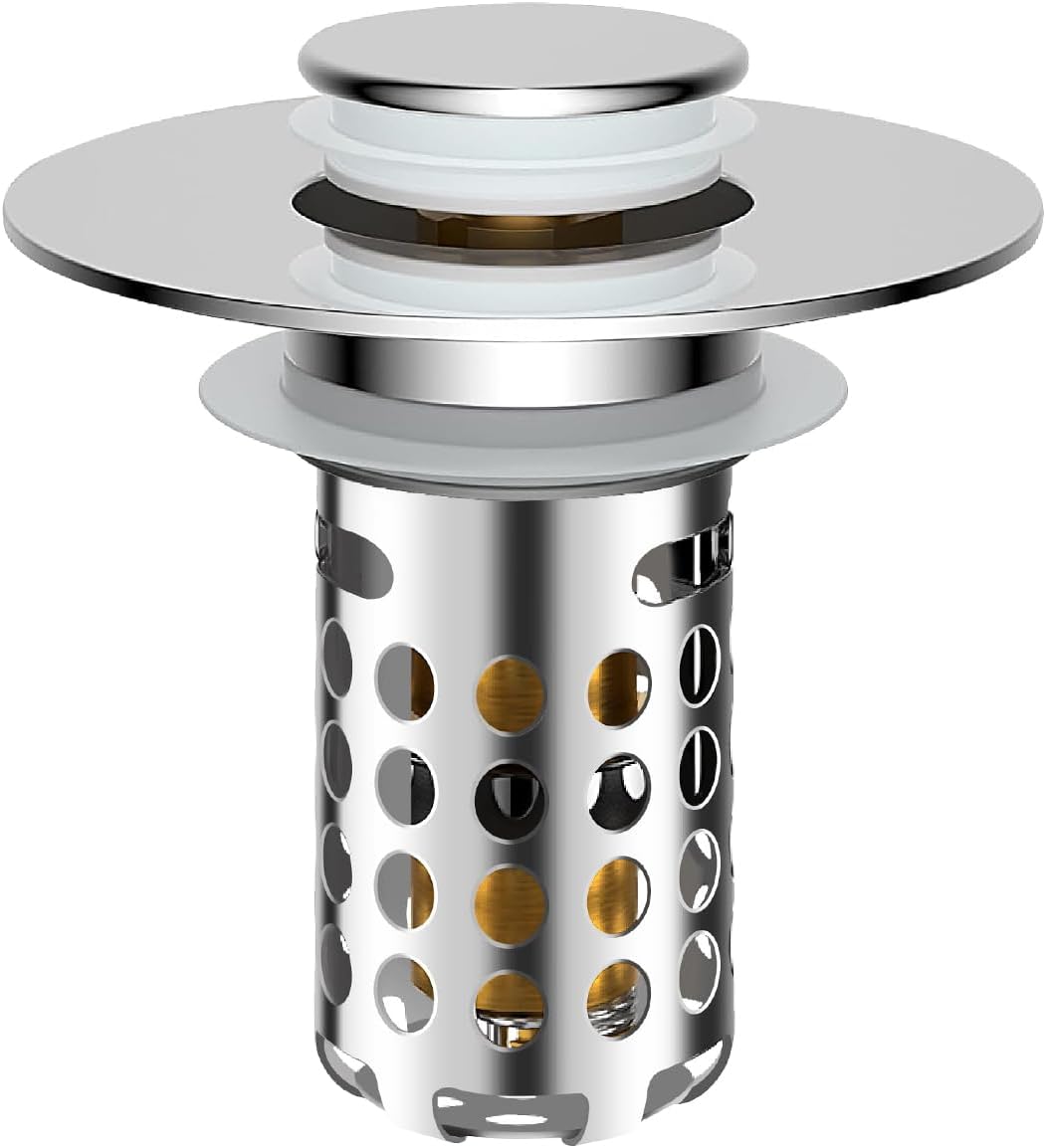 Upgraded Bathroom Sink Stopper Drain Strainer for 1.1-1.45 Inch,Universal Pop Up Stopper with Removable Stainless Steel Filter Basket Hair Catcher,Brass Bounce Core for US Universal