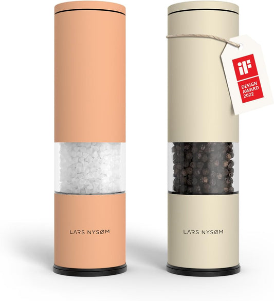 LARS NYSØM Salt and Pepper Grinder Set Manual, Stainless Steel Salt and Pepper Mills with Adjustable Ceramic Grinder I Design Spice Shakers (Peach/Beige)