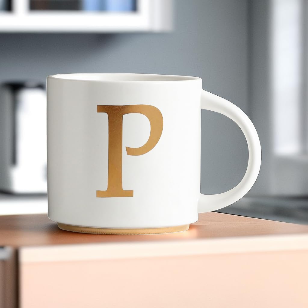 COLLECTIVE HOME - Monogram Ceramic Mugs, 15 oz Golden Initial Coffee Cups, Elegant Alphabet Tea Mugs, Elegant Personalized Mug with Gift Box, Unique Mug with Double Side Capital Letter (P)