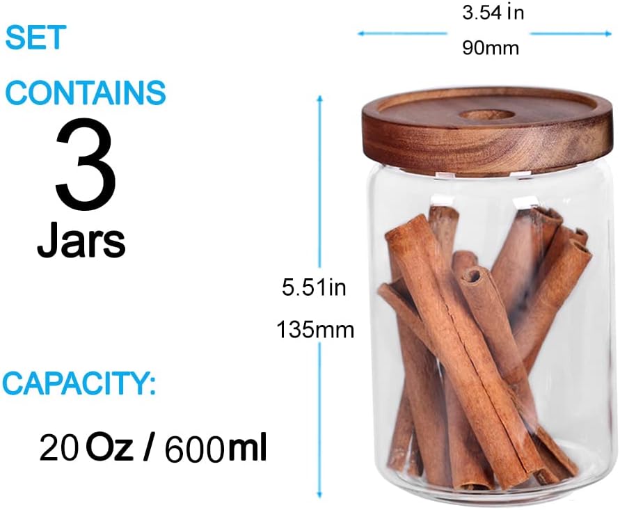 SAIOOL Glass Jars, Food Storage Containers with Airtight Acacia Lids, 20FL OZ(600ml) Glass Canisters Set-3, Clear Containers Suit for Storing Tea, Coffee, Flour, Candy, Cookie, Rice, Sugar, Pasta