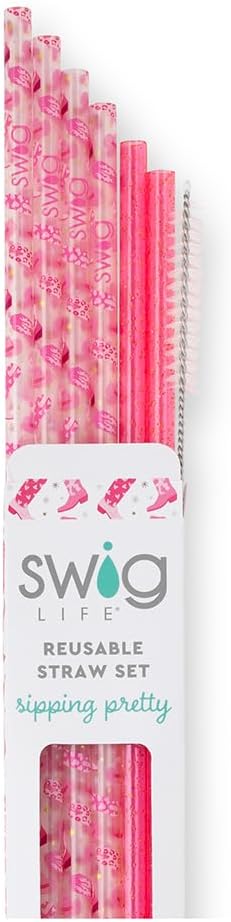 Swig Life Reusable Straws Let's Go Girls + Pink Glitter Tall Straw Set & Cleaning Brush, Each Straw is 10.25 inch Long (Fits Swig Life 20oz Tumblers, 22oz, and 32oz Tumblers)