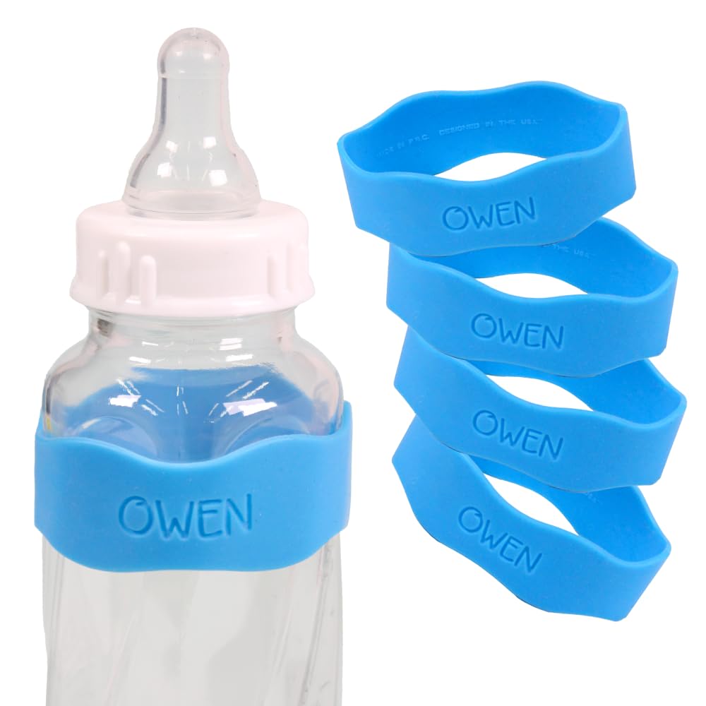 InchBug Orbit Labels - Baby Bottle Name Labels for Daycare, Sippy Cup Bands - Engraved Silicone, Reusable, Dishwasher Safe, Matching Color Personalization, 4-Pack (Deep Sky Blue)