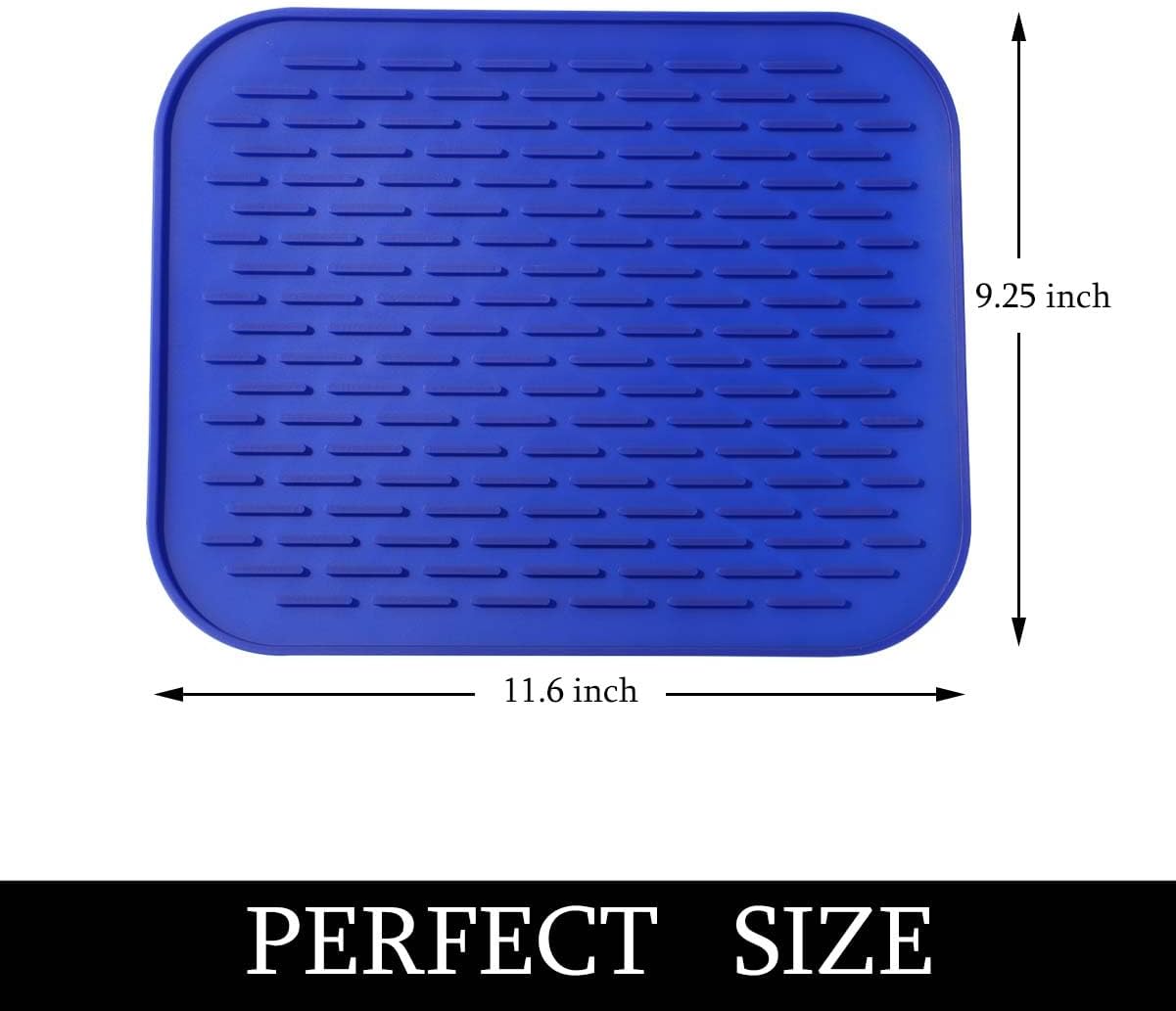 Dish Mat Silicone Dish Drying Mats Works For Drying Stemware Cocktail Glasses Silverware Pots Pans Knives and Dish Rack for Kitchen Counter Sink Bar Pads Easy to Clean (11.5" x 9.1") Blue