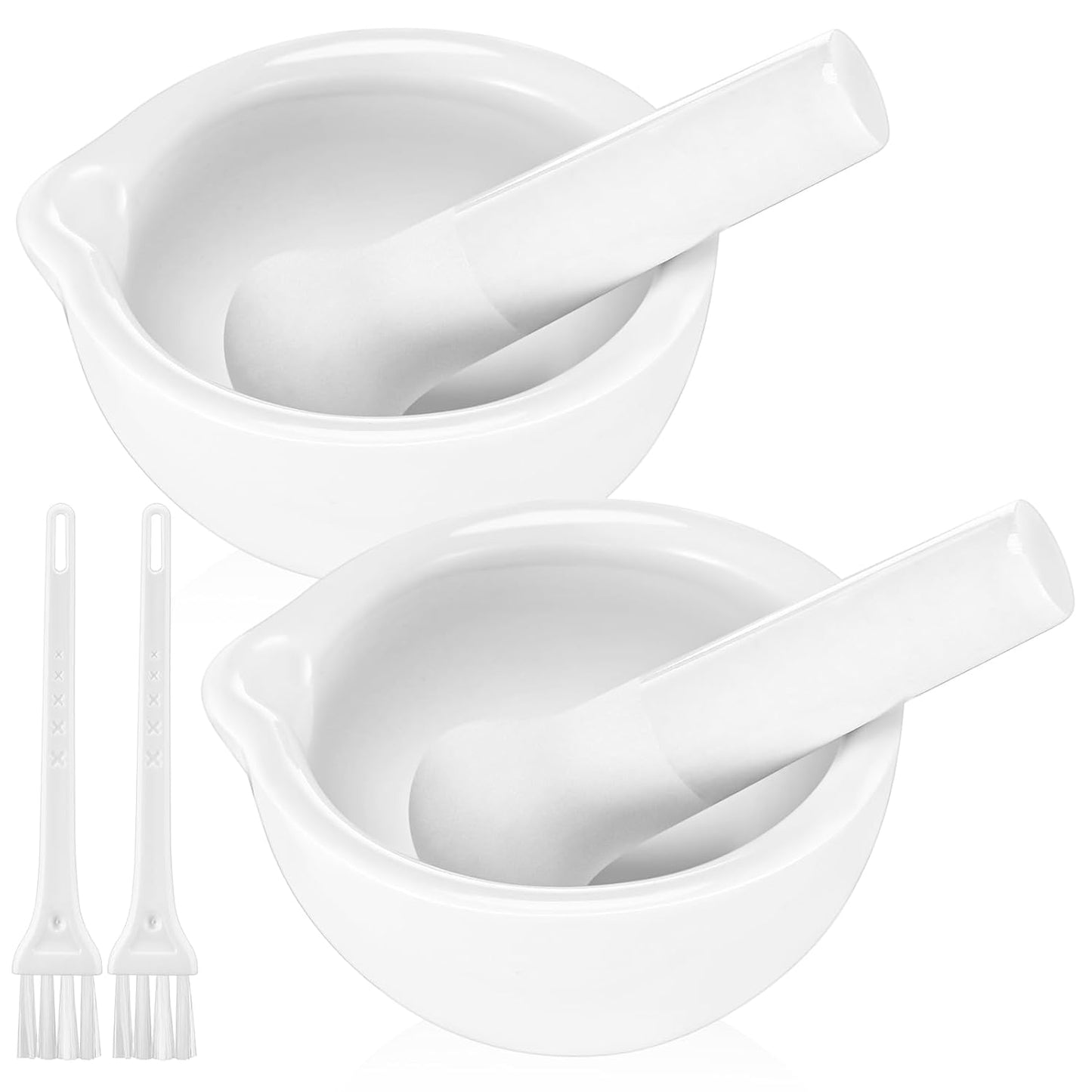 2 Sets Mini Porcelain Mortar and Pestle Set Porcelain Herb Grinder Crusher Grinding Bowl Kitchen Mixing Grinding Bowl with 2 Pieces Brushes for Seasonings, Sesame, Herbs, Medicine (80 mm)