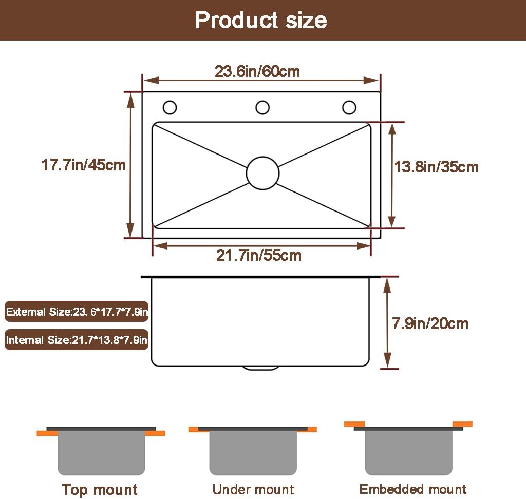 Drop In Kitchen Sink Workstation, Nano Stainless Steel Topmount Bar Single Bowl Sink Combo-Soap Dispenser, Drain Basket, Drain Strainer Set for Modern Kitchen Sink (23.6 * 17.7 * 7.9in)