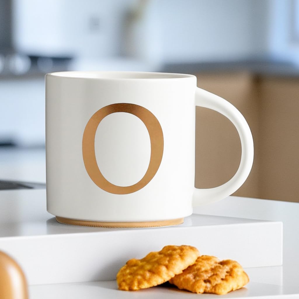 COLLECTIVE HOME - Monogram Ceramic Mugs, 15 oz Golden Initial Coffee Cups, Elegant Alphabet Tea Mugs, Elegant Personalized Mug with Gift Box, Unique Mug with Double Side Capital Letter (O)