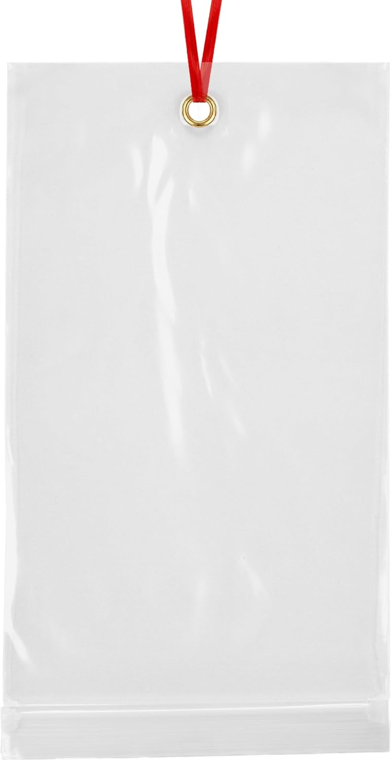 GPI - 5.5" x 9" Reclosable Zip Bags with Bottom Hang-hole & Pre-inserted 12" Twist-tie. 4 Mil Heavy-duty Resealable Zipper Baggy with Grommet/Metal Eyelet for Hanging (Insert Size 5x7.5) 100 Pack