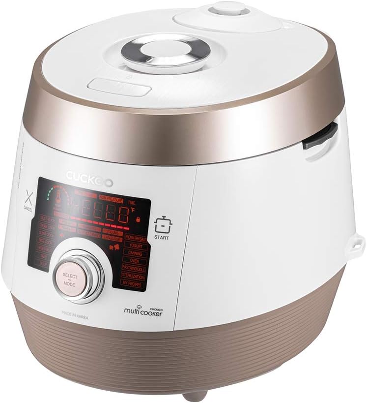 CUCKOO Electric Pressure Cooker 14 Menu Options: White, Slow Cook, Sous Vide, Porridge, & More, User-Friendly LED Display, Stainless Steel Inner Pot, 24 Cup / 6 Qt. (Uncooked) CMC-ASB601F White/Gold
