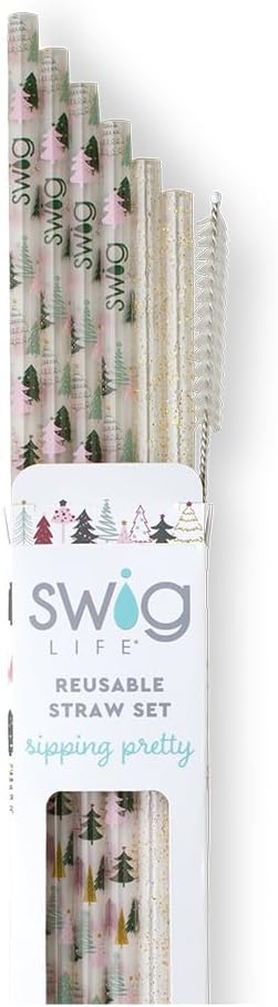 Swig Life Reusable Straws Tinseled Trees + Gold Glitter Tall Straw Set & Cleaning Brush, Each Straw is 10.25 inch Long (Fits Swig Life 20oz Tumblers, 22oz, and 32oz Tumblers)