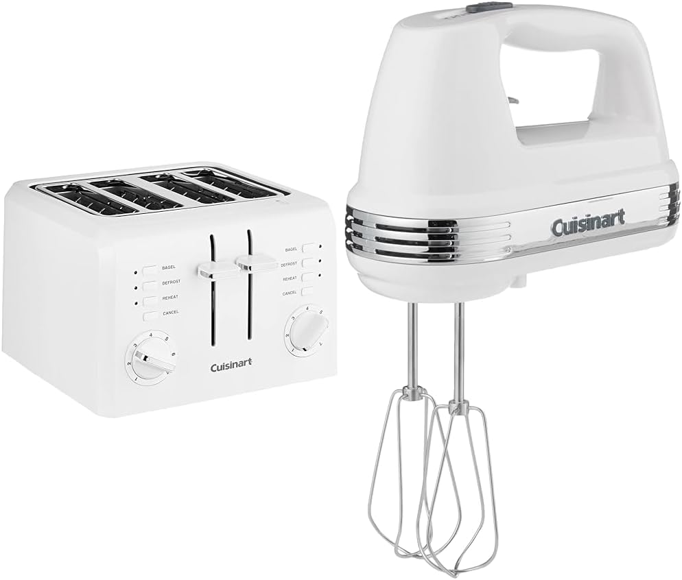 Cuisinart CPT-142P1 4-Slice Compact Plastic Toaster, White & HM-50 Power Advantage 5-Speed Hand Mixer, White
