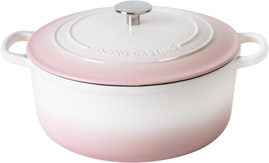 Enameled Cast Iron Dutch Oven Pot With Lid, 7 Quart, for Bread Baking, Cooking, White-Pink