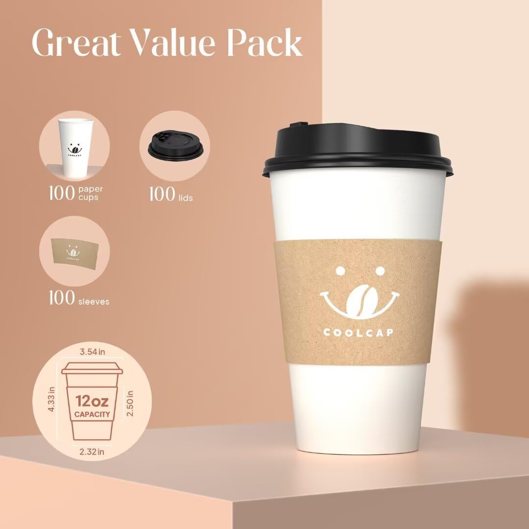 100 Pack 12oz Disposable Coffee Cups with Lids and Sleeves, To Go Paper Cups for Hot & Cold Beverages