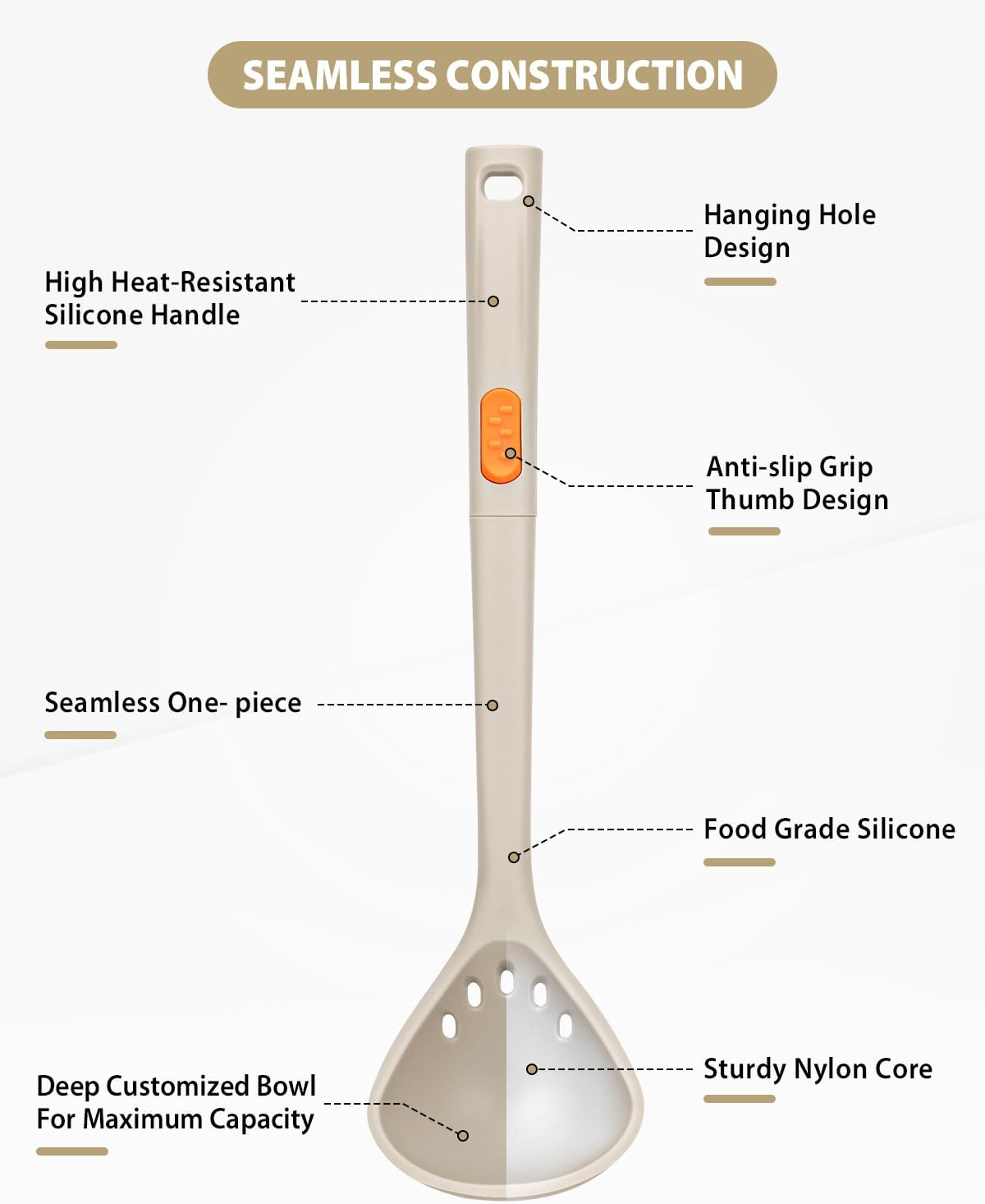 Silicone Pasta Fork and Ladle Spoon Set, Large Non Stick Kitchen Utensils for Cooking,Stirring,One Piece Serving Spaghetti, Soup, Sauce (KHAKI)