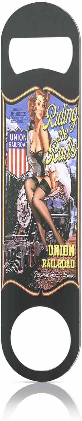 Riding The Rails Pin Up Girl Stainless Steel Bottle Opener Cute Woman with Train Union Railroad Flat Beer Bottle Opener Keychain for Home Kitchen Bar Restaurant Party Birthday Gift