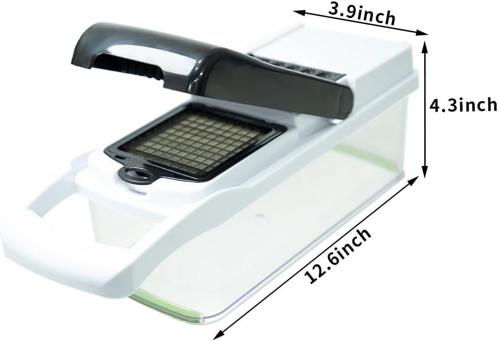 Vegetable Chopper Kit, Stainless Steel Blades, with Veggie Pusher, Grating & Pattern Cutting Blades, Catch Basin & Wash Basket, Safety Lock, Dishwasher Safe Kitchen Gadget (Black-White)