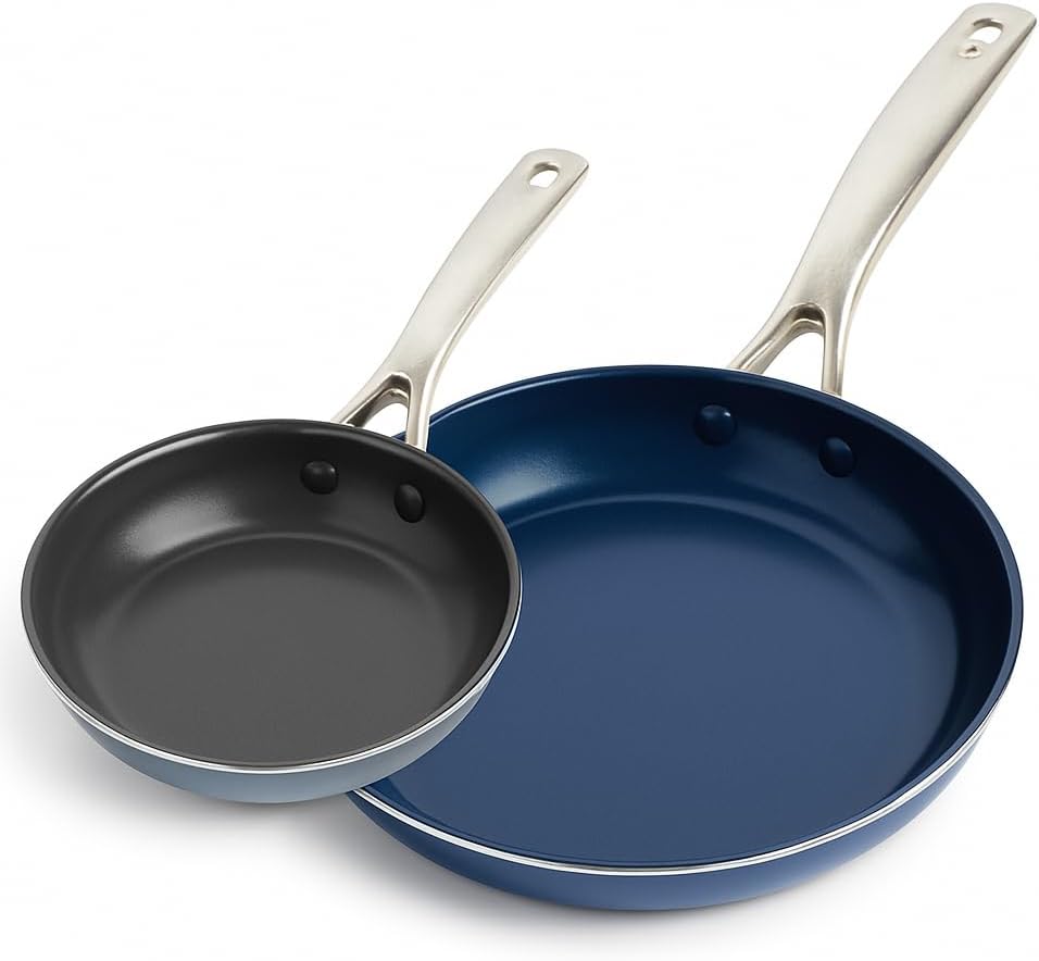 Blue Diamond 8” & 10" Nonstick Frying Pan Skillet Set, Diamond Infused PFAS & PTFE-Free Ceramic Pots & Pans, Dishwasher & Oven Safe, Stay Cool Handles, Non Toxic Metal Utensil Safe, Blue & Grey