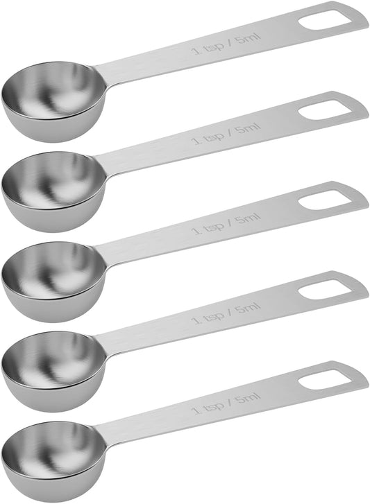 5PCS 1tsp (1/3tbsp, 5ml) Single Measuring Spoon, Stainless Steel Individual Teaspoons Only