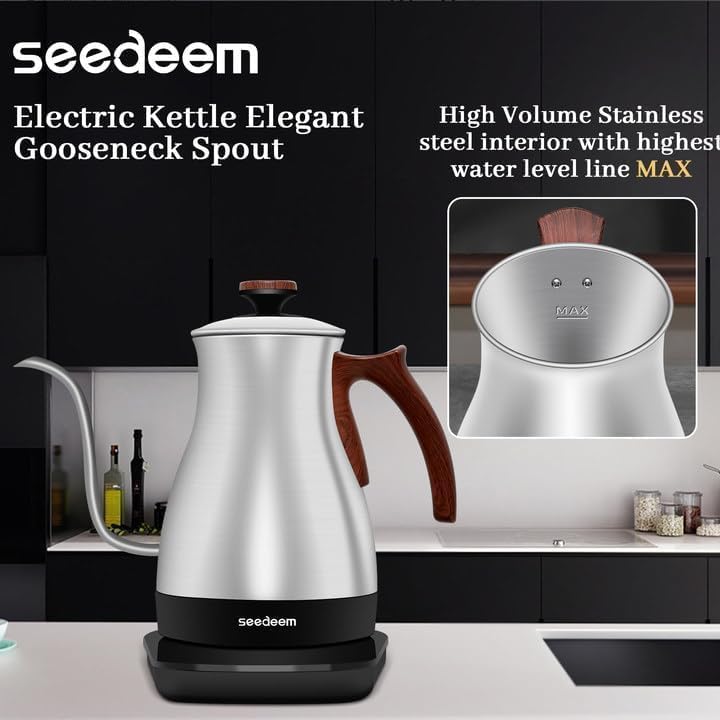 SEEDEEM Gooseneck Electric Kettle, 1L 1200W Touch Screen Pour-Over Kettle with 4 Heating Modes, ±1℉ Temp Control, Keep Warm Function, for Tea & Coffee, Silver