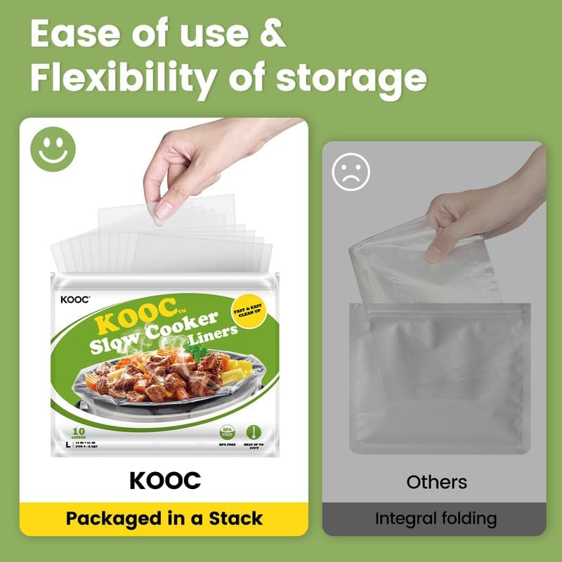 KOOC Slow Cooker Liners 13x21 inch 10 Count Large Size Disposable Pot Liners Cooking Bags Fit 3QT to 8.5QT Pot BPA Free Fresh Locking Seal Design