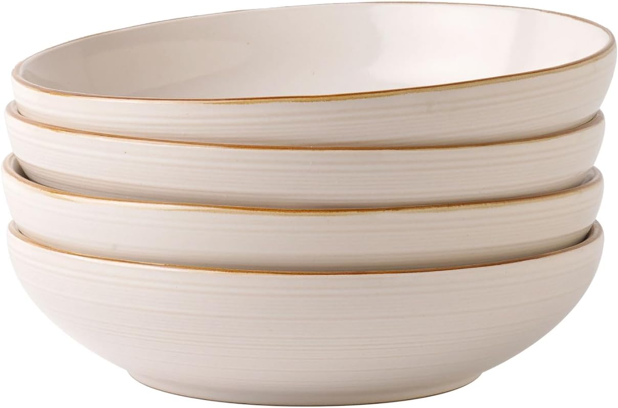 famiware Tempus 8.6'' Pasta Bowls Set of 4, 40 oz Bowls for Kitchen, Stoneware Deep Serving Bowls, Dishwasher & Microwave Safe Bowls for Cereal, Salad, Soup, Dessert etc - Antique White