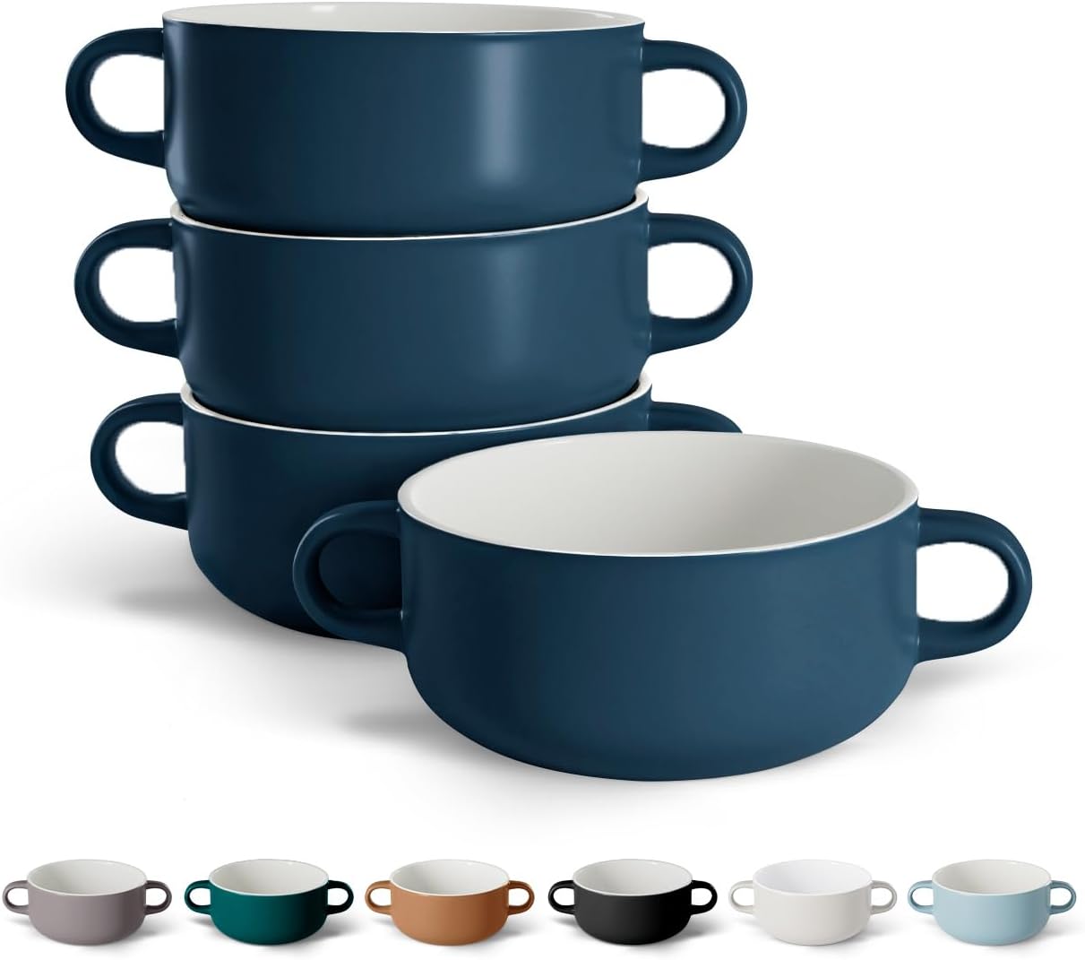 Kook Soup Crocks, Ceramic Bowls, Broil, Oven, Microwave and Dishwasher Safe, with Handles, For Casserole, Pasta, Cereal, 18 oz, Set of 4 (Navy)
