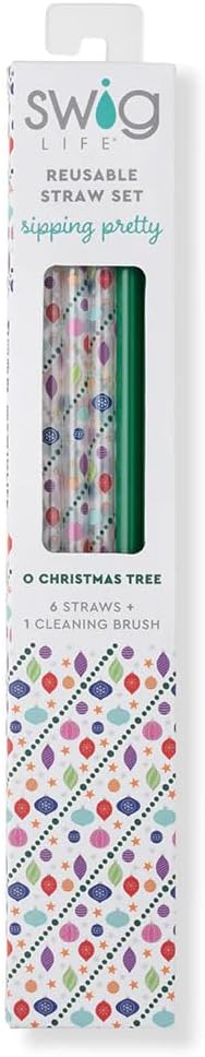 Swig Life Reusable Straws O Christmas Tree + Green Tall Straw Set & Cleaning Brush, Each Straw is 10.25 inch Long (Fits Swig Life 20oz Tumblers, 22oz, and 32oz Tumblers)