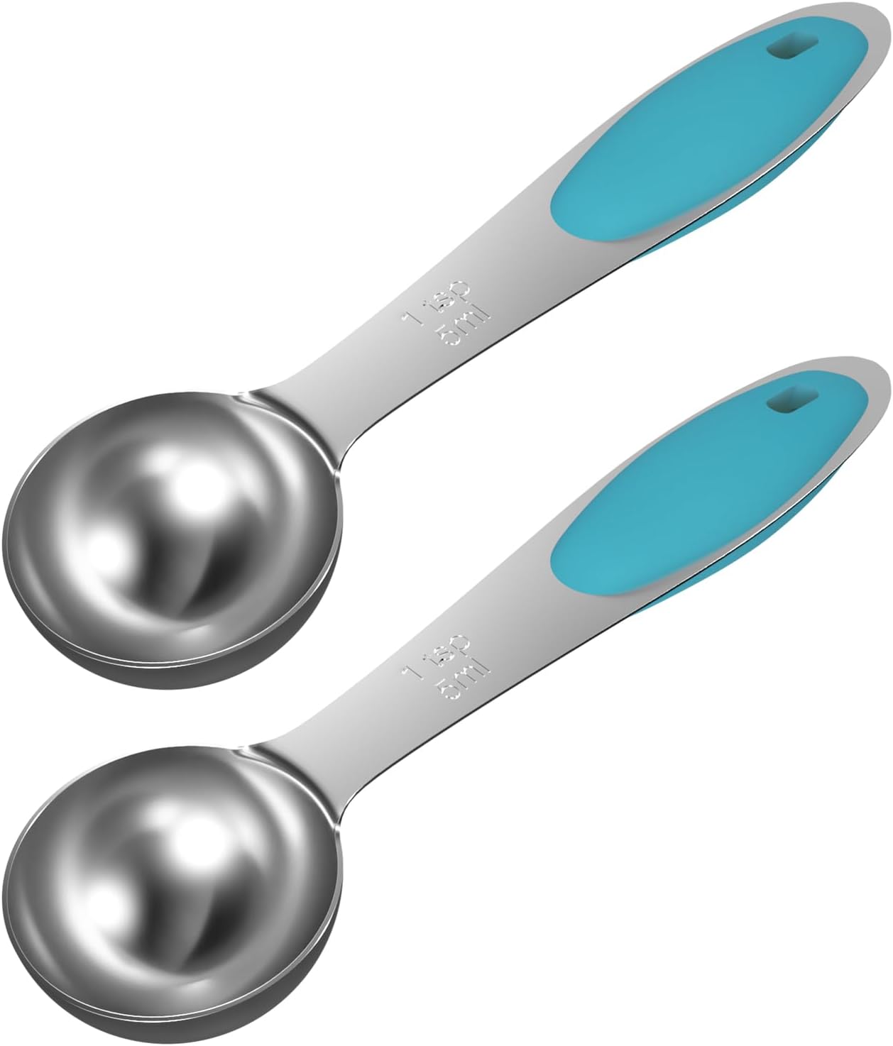 2PCS 1 Tsp(1/3tbsp, 1/6oz, 5ml) Single Measuring Spoon with Blue Silicone Grip, Stainless Steel Individual Measure Scoop Only