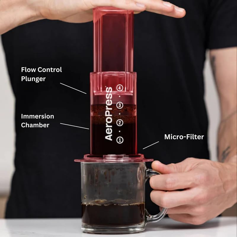AeroPress Clear Red Coffee Press – 3 In 1 Brew Method Combines French Press, Pourover, Espresso, Full Bodied Coffee Without Grit or Bitterness, Small Portable Coffee Maker for Camping & Travel, Red