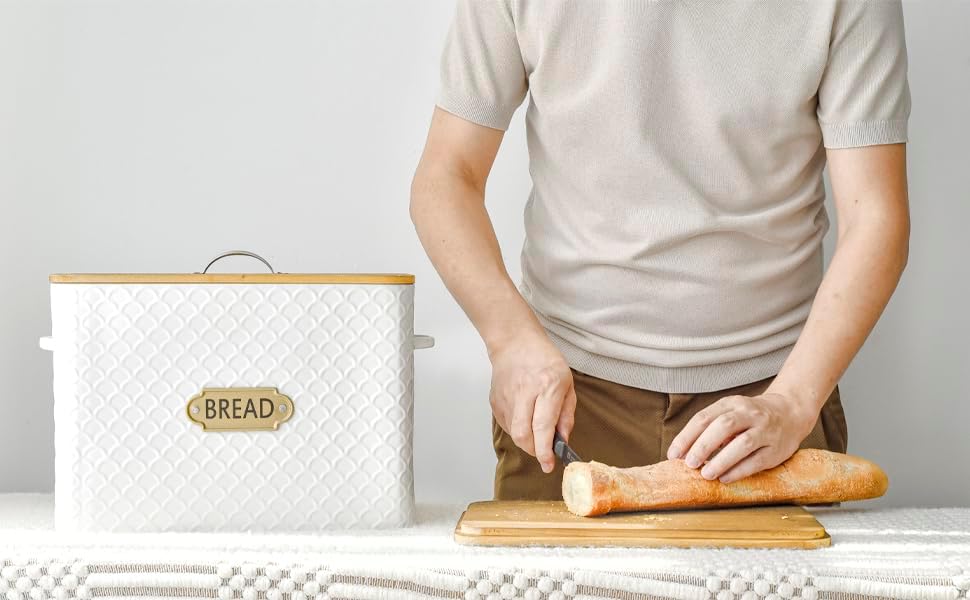 Extra Large Space Saving Farmhouse Bread Box With Wood Lid - Holds 2 Loaves - Vertical Breadbox Bread Storage Bin Holder for Kitchen Countertop, White