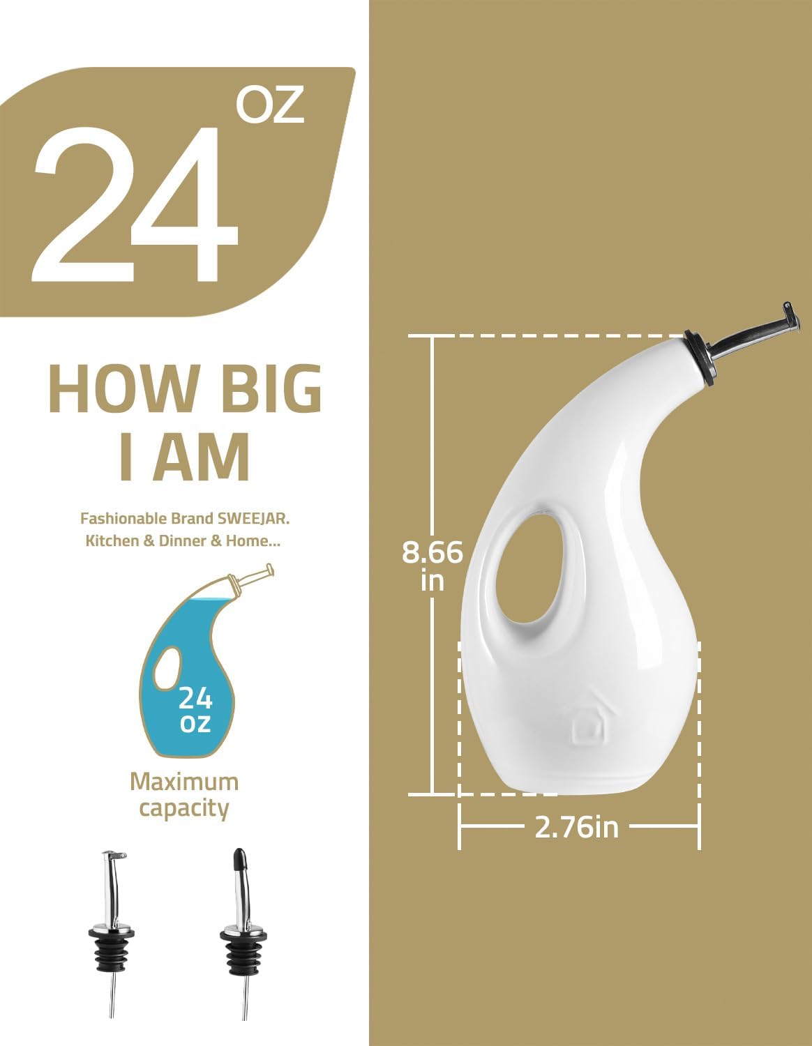 Sweejar Ceramic Olive Oil Dispenser Bottle,24 Oz Opaque Cruet Protects EVOO Oil to Reduce Oxidation, Suitable for Storage Vinegar, Coffee Syrups, Liquids (White)