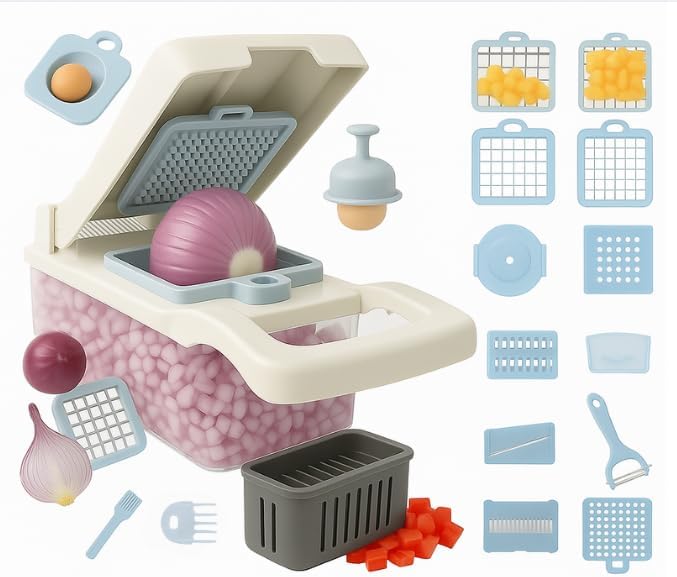 16-in-1 Vegetable Chopper, Mandoline Slicer and Food Processor - Kitchen Essentials for Effortless Food Prep - Includes Salad Spinner, Cheese Grater, Onion Chopper, French Fry Cutter, and More