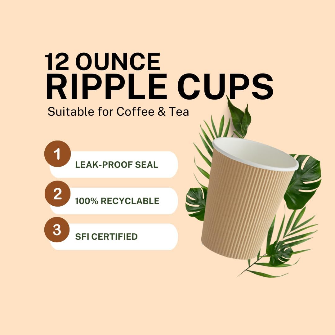 Ripple Paper Cups 12 oz 500 Pack for Coffee & Tea Made in USA | Bulk for Home, Office, Restaurants & Coffee Shops | Recyclable, Insulated, & Disposable To-Go Cups for Hot Beverages (12 oz - 500 count)