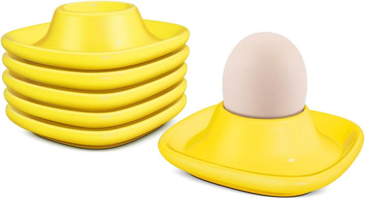 Flexzion Egg Cups for Soft Boiled Eggs - Set of 6 Ceramic Egg Holder - Stackable Egg Coddler Cups with Base for Serving, Breakfast, Brunch - Kitchen Table Decor, Yellow